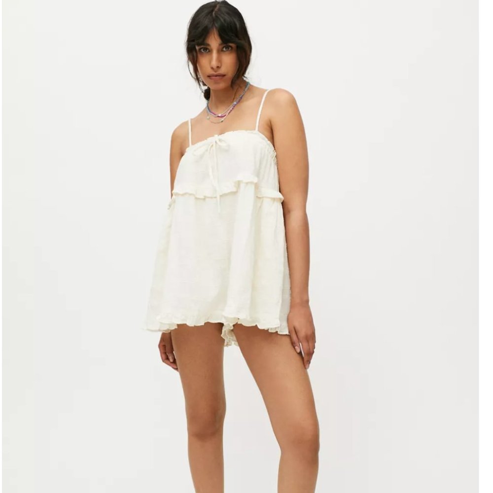 White UO Ruffle Me Up Romper